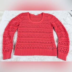 Boden open crochet cobweb knit coral pink pullover cotton preppy sweater size 6